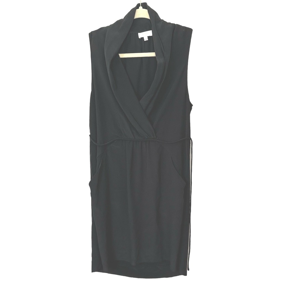 Wilfred 100% Silk LBD Black Dress Womens XS Faux Wrap Tie V Neck Pockets Party